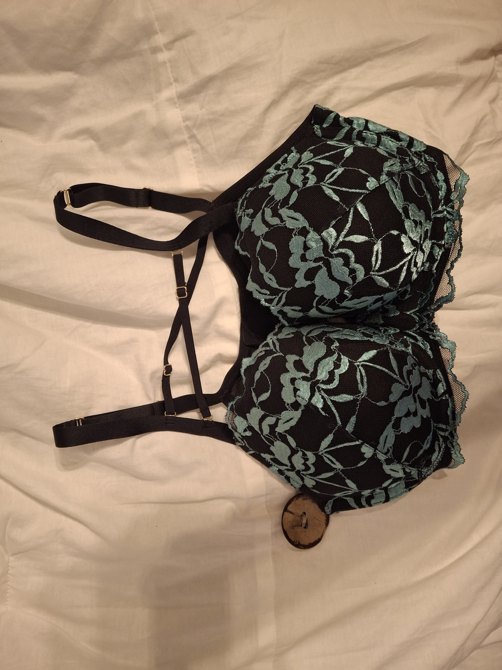 Black & Teal Lace Overlay Push-Up Bra